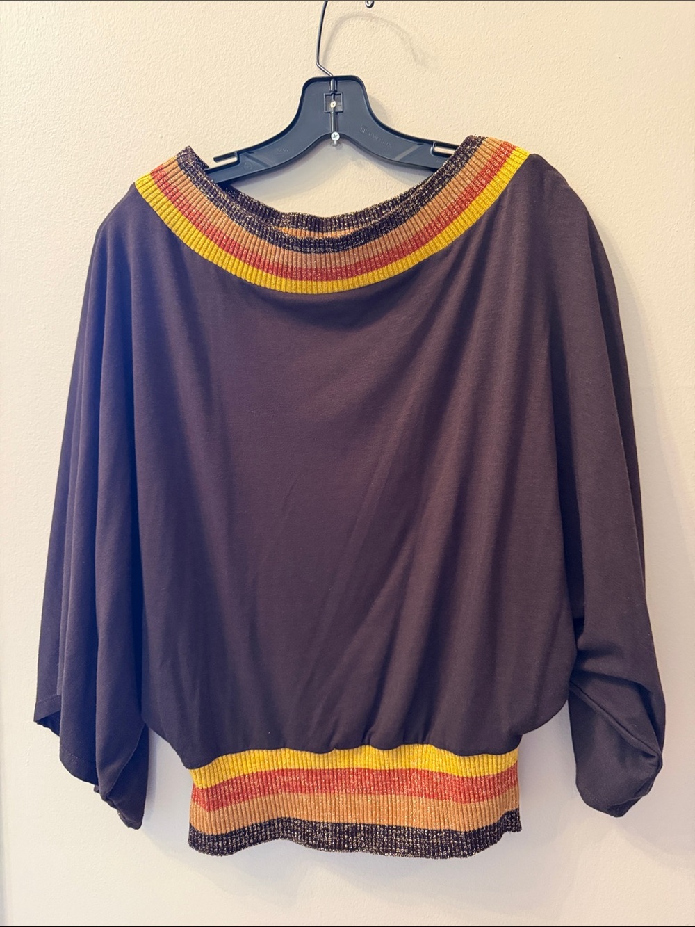 Brown Off-the-Shoulder Sweater with Yellow & Orange Trim